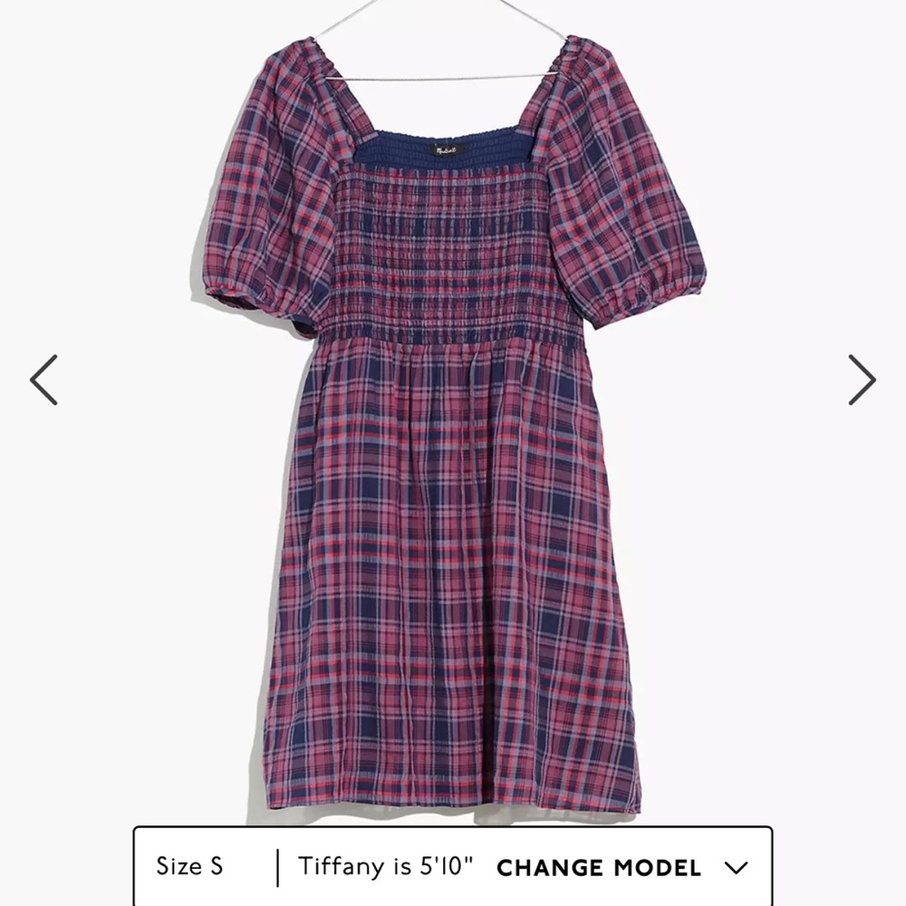 Madewell Dress Lucie Puff-Sleeve Smocked Mini Dress in Rockfern Plaid size L